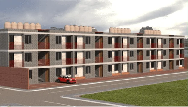 Render de conjunto habitacional de tres niveles